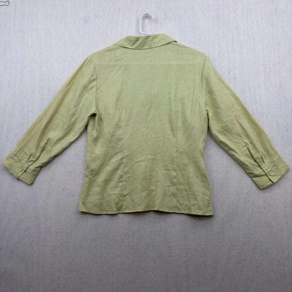 Ann Taylor Loft Womens 2 Green 100% Linen 3/4 Sleeve Button Up Shirt Blouse